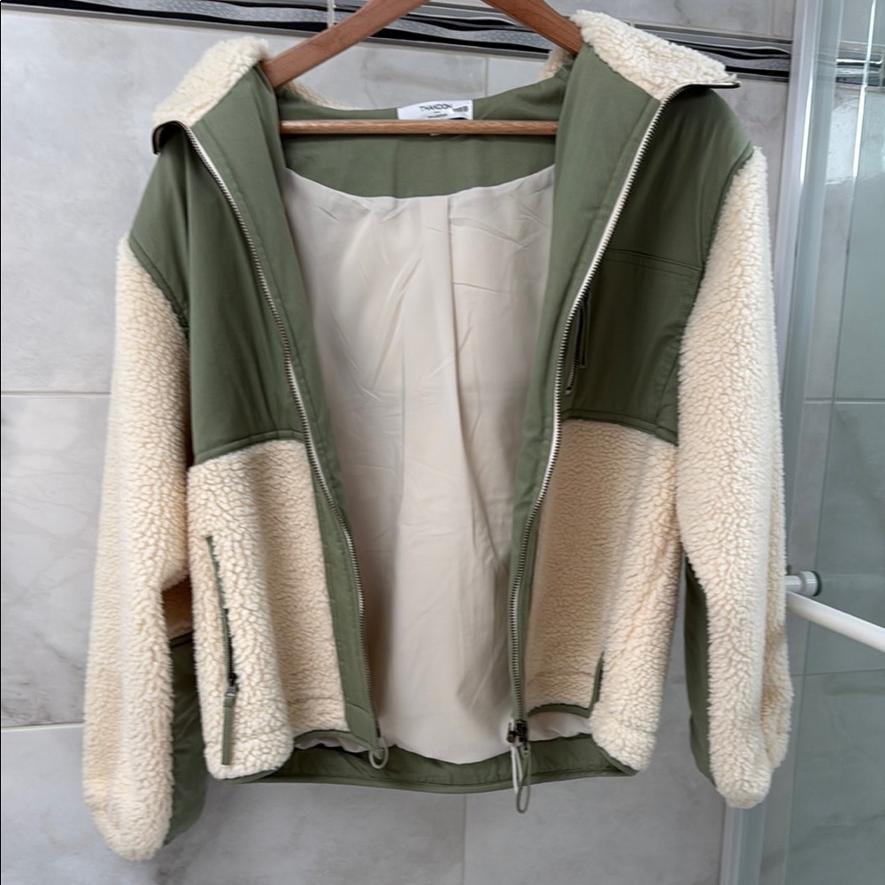Thakoon Green and Cream Teddy Jacket with Hood